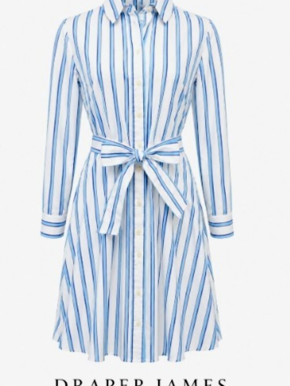 Draper James White and Blue Striped Tie-Waist Shirt Dress